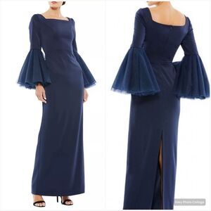 MAC DUGGAL 11233 Womens  Navy  Flounce Sleeve Square Neck Column Gown
